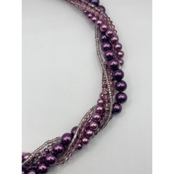 Twisted Multi Strand Purple Beaded Faux Pearl Necklace 17" Statement Jewelry - Picture 3 of 8